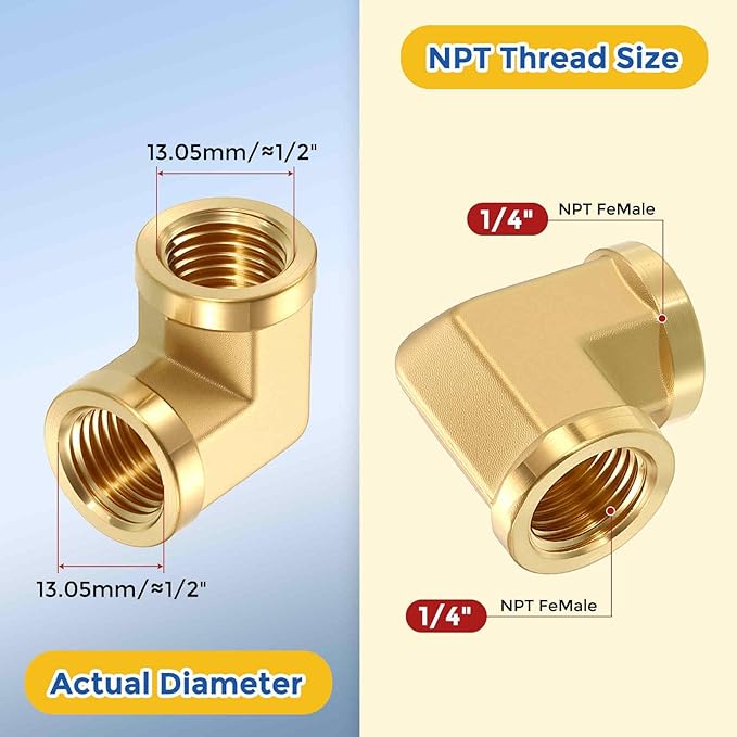 2 Pack Brass Pipe Fittings, 90 Degree 1/4" NPT FeMale to 1/4" NPT FeMale Barstock Street Elbow, Forged Pipe Fitting Connector for Air, Oil, LP