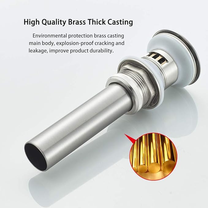Bathroom Sink Drain with Strainer Basket Hair Catcher Anti-Explosion Anti Clog Pop Up Drain Stopper Vanity Vessel Sink with Overflow, Brushed Nickel