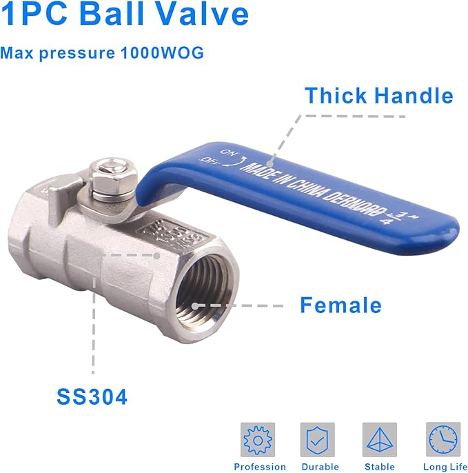 DERNORD Stainless Steel Ball Valve 1PC Type 0.25 Inch NPT Standard Port for Water, Oil, and Gas (Pack of 2)
