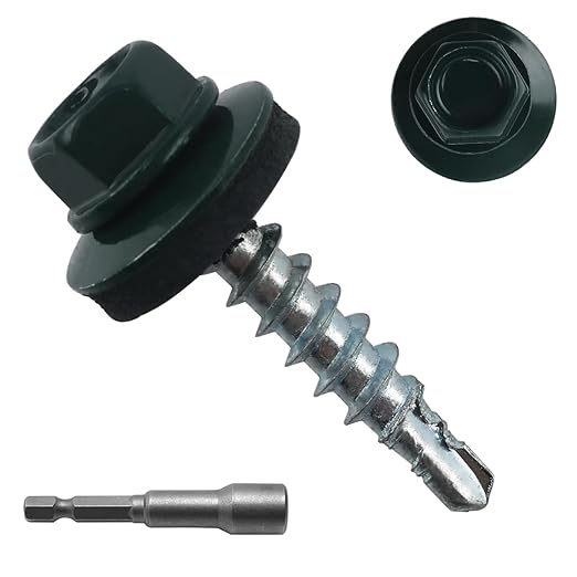 300pcs #10 x 1 Green Hex Head Self-Drilling Metal Roofing Screws, EPDM Washer, Colored Head, Wood Screws, Sheet Metal Roof Screw with Hex Driver Bit