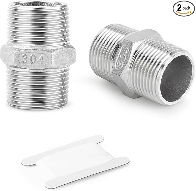 2PCS 304 Stainless Steel Hex Nipple, 1-1/4" Male NPT Straight Head Pipe Adapter Fittings, Equal Nipples Connectors for Oil, Water Line, Gas