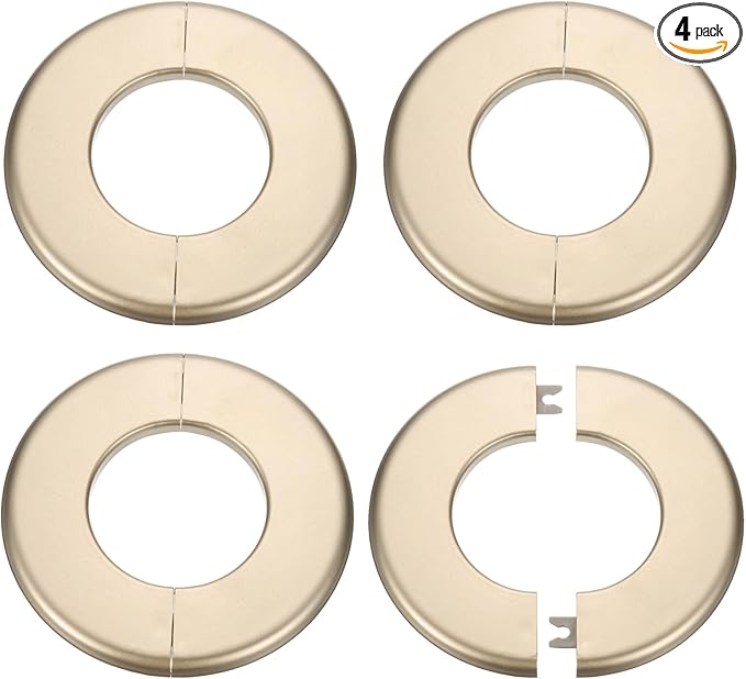 HARFINGTON 4pcs Wall Split Flange 64mm/2.5" Self-Adhesive Plumbing Cover Plates ABS Plastic Round Escutcheon Plate Buckle Design for Water Pipe Bathroom Kitchen Decoration, Gold Tone