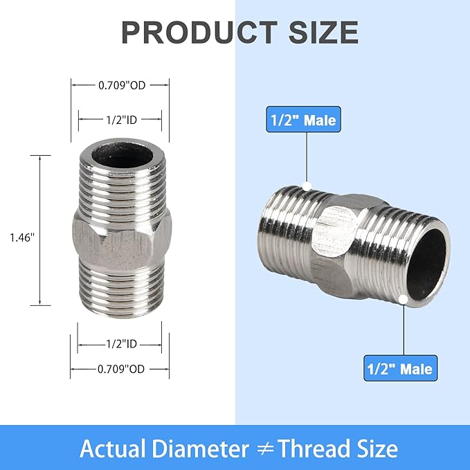 2Pcs 1/2" Male Hex Nipple Pipe Fitting, 304 Stainless Steel Threaded Adapter Fittings, 1/2 Inch Male Equal Nipples Connectors, Male Straight Threaded Pipe Fitting