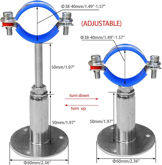 Wall Mount Ceiling Mount Pipe Supports,Adjustable Pipe Clamps Stainless Steel 304,2PCS Suitable for Pipe OD 38-40mm Adjustable Height 50-100mm