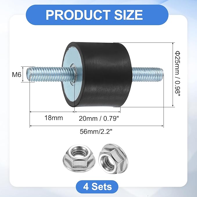 uxcell 4Pcs M6 x 18mm Rubber Mounts, 20 x 25mm Cylindrical Anti Vibration Isolator Studs Shock Absorber Double Studs with Nuts for Car Bobbin Generator Air Compressors