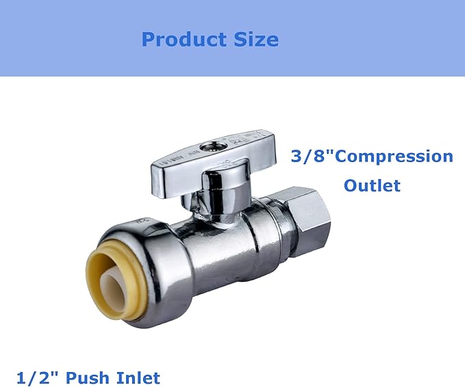 (10-Pack) Cyrret Push Fit Valve 1/2 inch Push × 3/8 Inch Compression No Lead Brass Straight Angle Stop Shut off Valve 1/4 Quarter Turn, Push-to-Connect PEX, Copper, CPVC (Disconnect Clip Included)