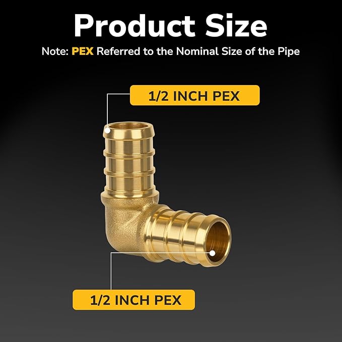 25 Pack Pex Fittings, 1/2" Pex 90 Degree Elbow, Heavy-Duty Brass Crimp Fittings for PEX Pipes with Leak-Resistant Construction, NSF & UPC Certified