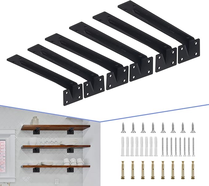 CLT Shelf Bracket( Black) , 6” Quarter Inch (1/5") Thick- Max Load: 220 lb Rustic Industrial Modern Farmhouse Heavy Duty Corner Brace Joint Right Angle Bracket for DIY Table Bench, Pack of 6