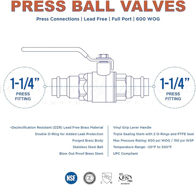 Midline Valve 5 Pack 1-1/4 Inch Press Ball Valve with Double-O-Ring, Full Port Press Ball Valve with 1-1/4" Connections, Brass Finish