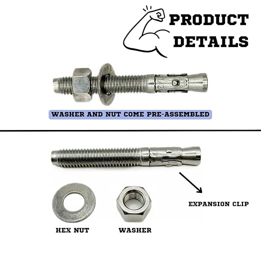 Premium 316 Stainless Steel Wedge Anchor, 3/8"-16 X 4-1/4" – Heavy Duty Corrosion Resistant Fastener for Concrete and Masonry Applications 25 Pack
