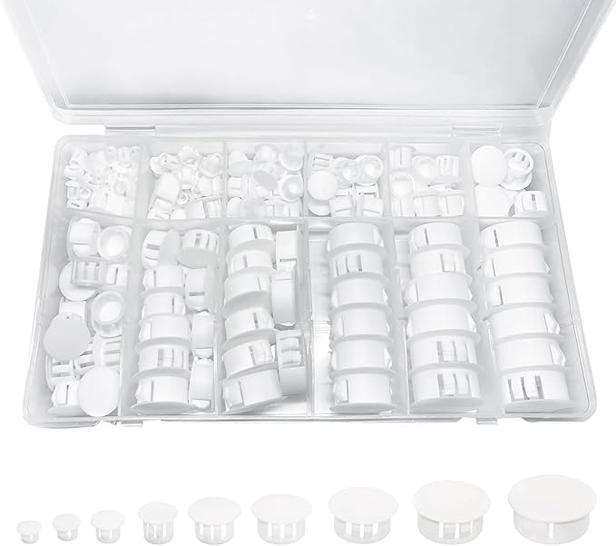 190Pcs 9 Sizes Plastic Hole Plugs 3/16" 1/4" 5/16" 3/8" 1/2" 5/8" 3/4" 7/8" 1" Hole Plugs for Round Holes, Screw Hole Covers, Base Plugs, Furniture & Cabinet Hole Cap -White
