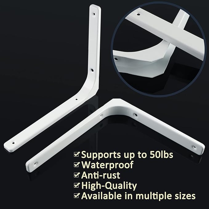 SAYAYO L Bracket 12 Inch, Heavy Duty Metal Wall Brackets Joint Angle Bracket Floating Shelf Support DIY Shelving Brackets White, 2 PCS