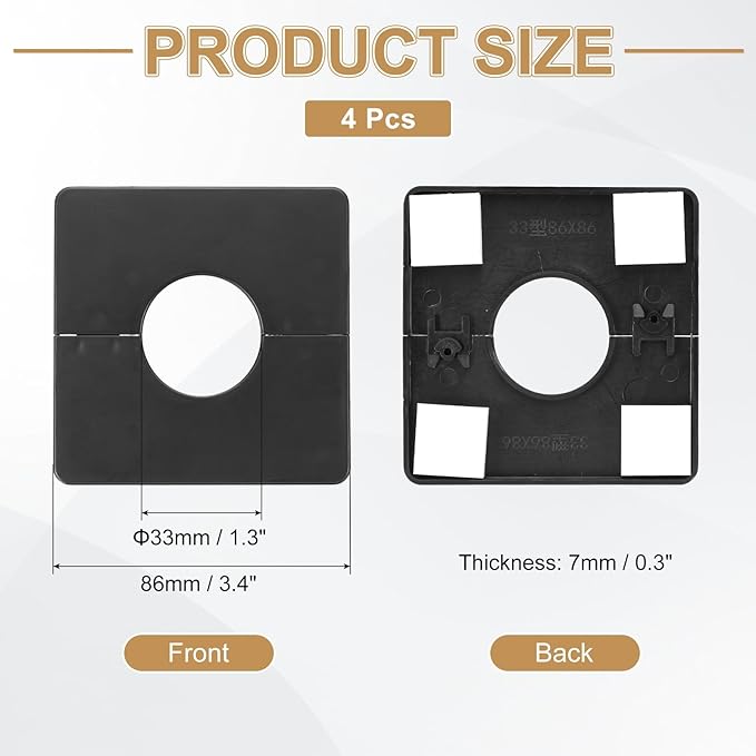 PATIKIL Wall Split Flange 86mm / 3.4" OD, 4 Pcs Square Escutcheon Plate Cover PPR Plumbing Cover Plates with Self-Adhesive Tape for 33mm / 1.3" Dia Water Pipe Faucet, Black