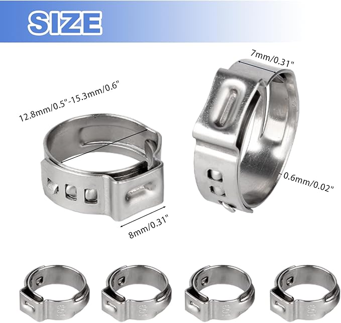 55Pcs 12.8-15.3mm 304 Stainless Steel Single Ear Hose Clamps Ear Stepless Hose Clamp Pinch Clamps Perfect for Automotive, Home Appliance Line and Plumbing