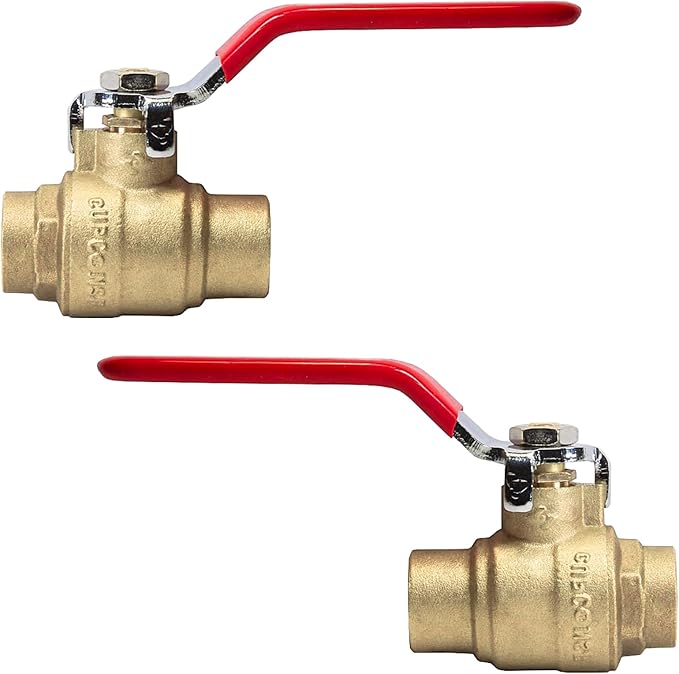 2-Pack HeSun 3/4 Inch Sweat Ball Valve, Brass Full Port Shut-off Valve,3/4" SWT x 3/4" SWT, 600 WOG (Water, Oil and Gas),Red(VALVE047-2)