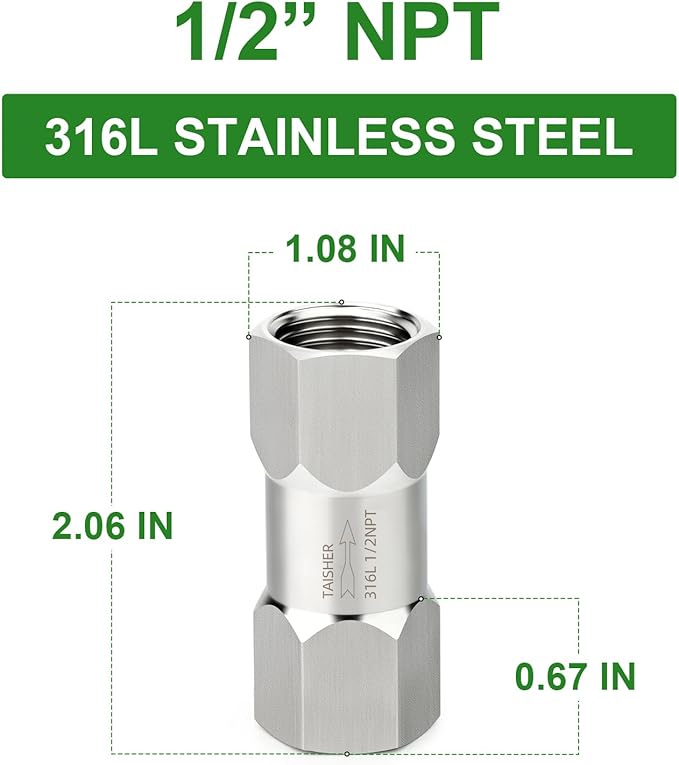 TAISHER 1PCS 316L Stainless Steel 1/2" NPT Female Check Valve,Backflow Prevention,One Way Non-Return Check Valves