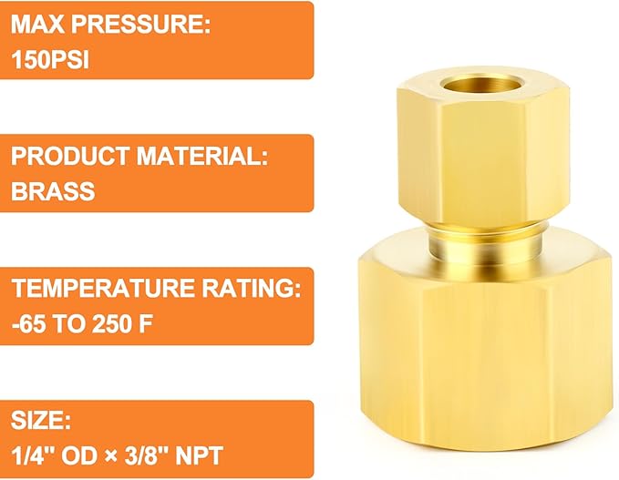 GASHER 10PCS Brass Compression Union Tube Pipe Fitting Connector, 1/4" Tube OD x 3/8" NPT Female Connector