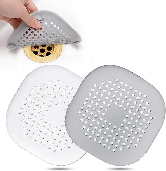 Hair Drain Catcher,Square Drain Cover for Shower Silicone Hair Stopper with Suction Cup,Easy to Install Suit for Bathroom,Bathtub,Kitchen 2 Pack (Grey White)