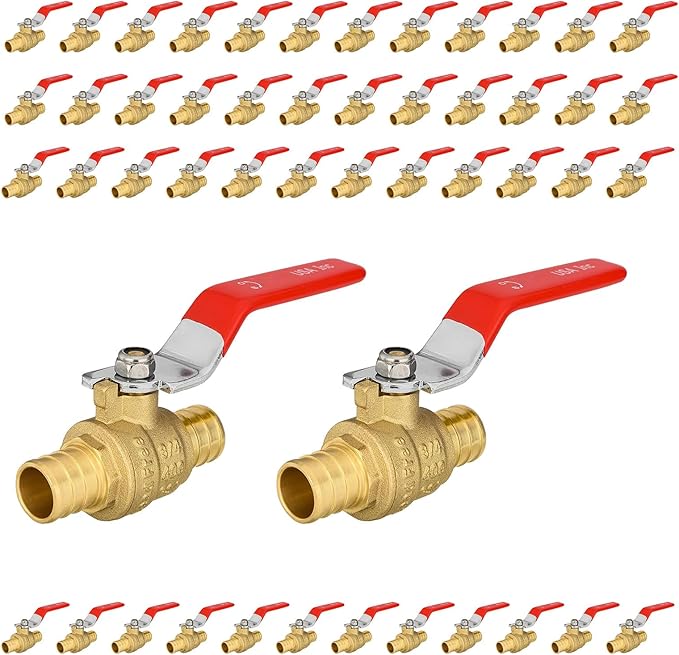 50-Pack Foskan 3/4 Inch PEX Crimp Full Port Ball Valve with Red Handle, Brass Quarter Turn Shut-off Valve for PEX Tubing
