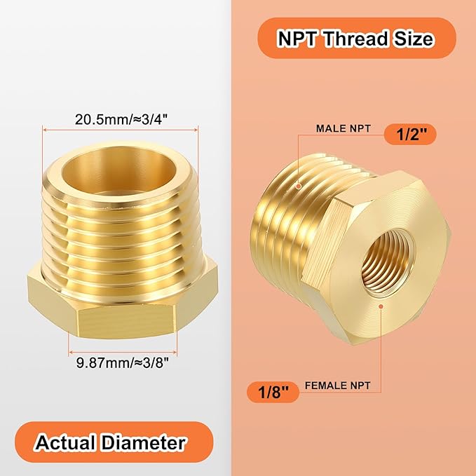 3 Pack Male to FeMale Adapters, 1/2" Male NPT x 1/8" FeMale NPT Brass Hex Bushing Reducer for Industrial, Automotive, Fluid Transfer, Home Gardening, Water Treatment