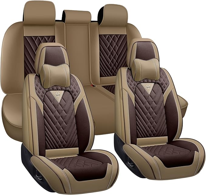 Car Seat Covers for Jaguar E-PACE 2018-2024,Breathable Nappa Leather Car Seat Protector,Full Seat Cover with Pillow Automotive Seat Cushion with Airbag Compatible(5 Seats,Beige-Brown)