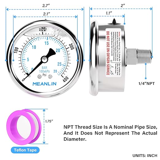 MEANLIN MEASURE 0~400Psi Liquid Filled Pressure Gauge Stainless Steel with 316 Stainless Steel Joint 1/4" NPT 2.5" FACE DIAL for Air Compressor Air Regulator Water Filter Center Back Mount