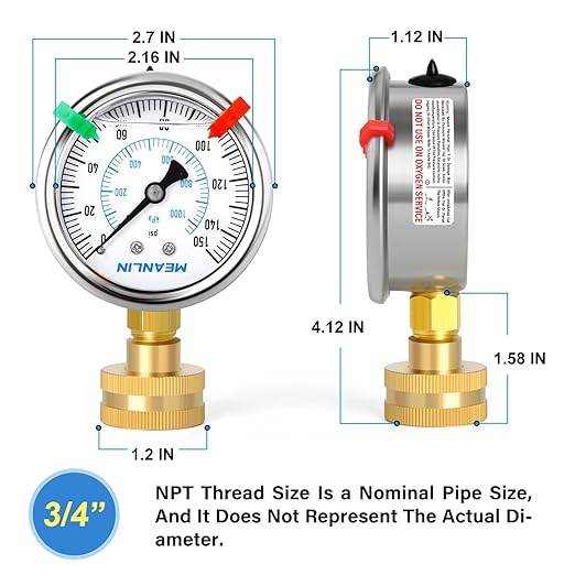 MEANLIN MEASURE 0~150Psi Stainless Steel Frame 3/4" Female 2.5" FACE DIAL Liquid Filled Pressure Gauge WOG Water Oil Air Water Pressure Test Table with Sealing Ring (with 2PCS Snaps)