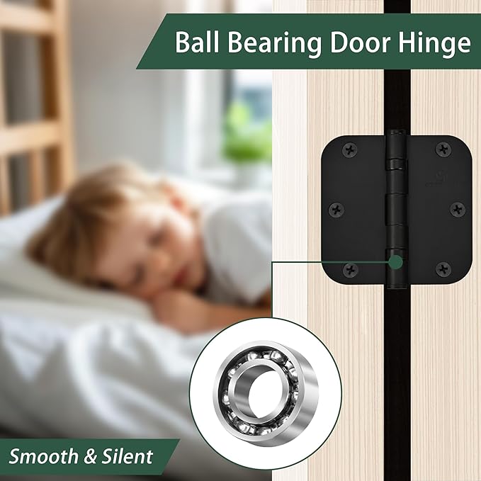 304 Stainless Steel 3.5 Inch Matte Black Door Hinges Interior Hinges 5/8" Radius Corners 3.5'' Ball Bearing Door Hinges- 3 Pack