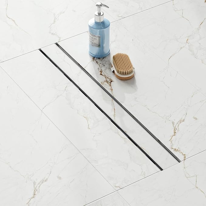 24 inch Linear Shower Drain with Tile Insert Grate Cover, Brushed 304 Stainless Steel Bonding Flange Linear Drain, Low Profile Linear Shower Drain with Hair Strainer