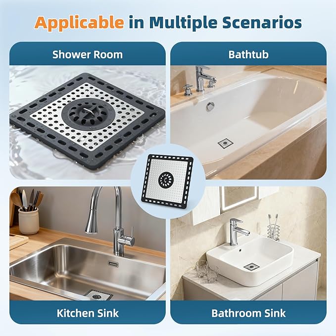 Hibbent Upgraded Shower Drain Hair Catcher, Shower Drain Cover for Bathroom Floor 6" Drain, Anti-Clogging Bathtub Drain Strainer, Stainless Steel Kitchen Sink Drain Strainer with Handle, Black