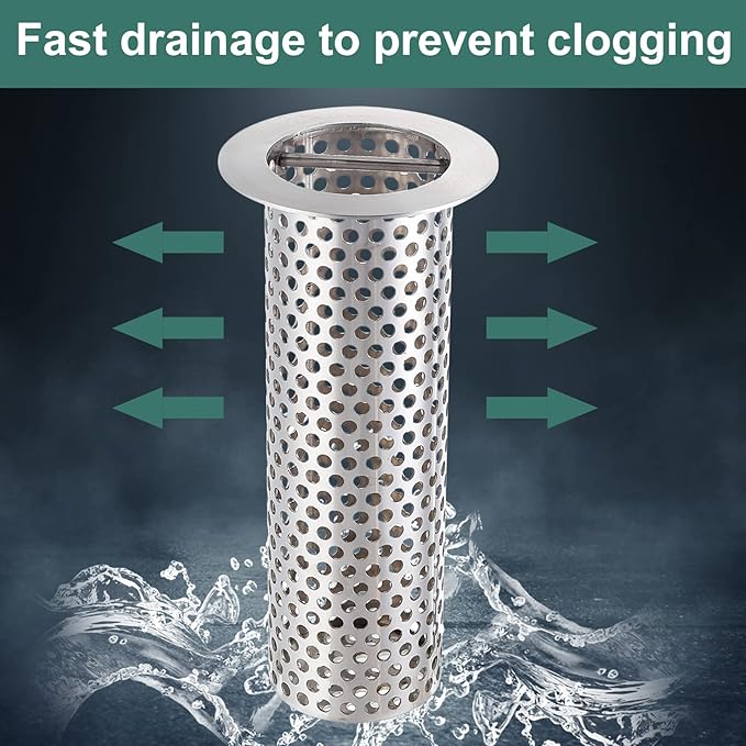 Commercial Floor Drain Strainer, 2 1/2" Lip Diameter x 6" Tall Perforated Cylindrical Mesh 316 Stainless Steel Drain Strainer with Carry Handle for Restaurant/Factory/Kitchen/Laboratory