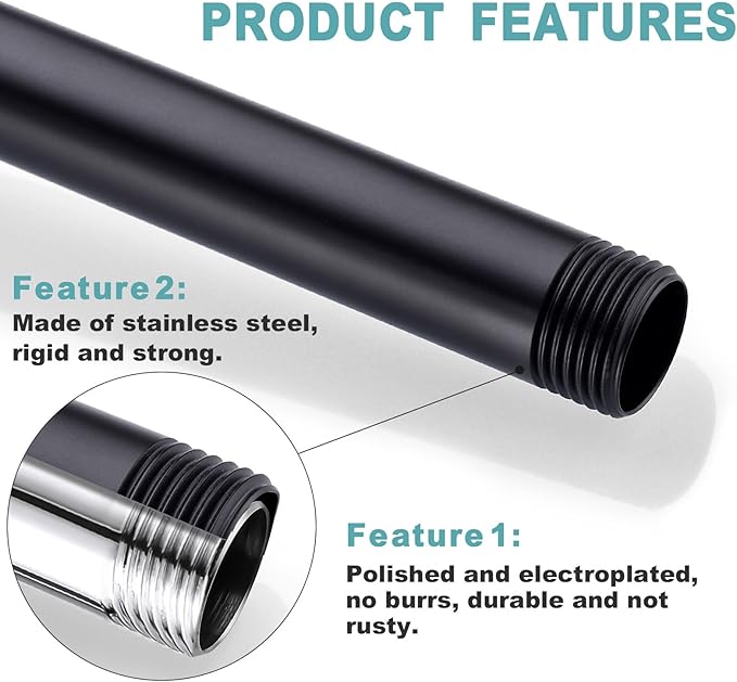 BESTILL 12 Inch Ceiling Mount Rain Shower Head Arm and Flange, Matte Black