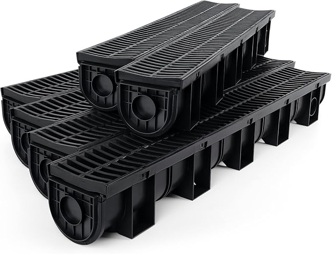 Trench Drain System, Channel Drain with Plastic Grate, 5.9x5.1-Inch HDPE Drainage Trench, Black Plastic Garage and GardenDrain, 6x39 Trench Drain Grate, with 6 End Caps,Convenient Assembly（6 Pack）