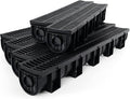 Trench Drain System, Channel Drain with Plastic Grate, 5.9x5.1-Inch HDPE Drainage Trench, Black Plastic Garage and GardenDrain, 6x39 Trench Drain Grate, with 6 End Caps,Convenient Assembly（6 Pack）