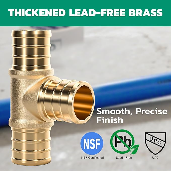 PEX Fittings 3/4 Inch, 24PCS Tee Lead-Free Brass Connectors for PEX B Pipe, NSF UPC Certified, ASTM F1807, Compatible with Crimp/Clamp Rings (Hot/Cold Water, Hydronic Heating)