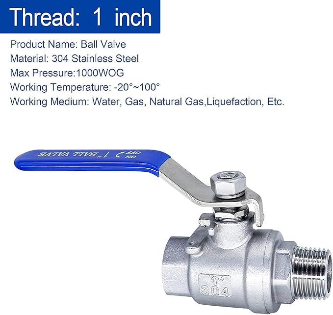 Ball Valve 1",1" Full Port Stainless Steel Ball Valve 304 NPT Water Valve, 1 inch Shut Off Valves for Oil and Gas with Blue Locking Handles 1000 WOG (1 inch, 2 pack)