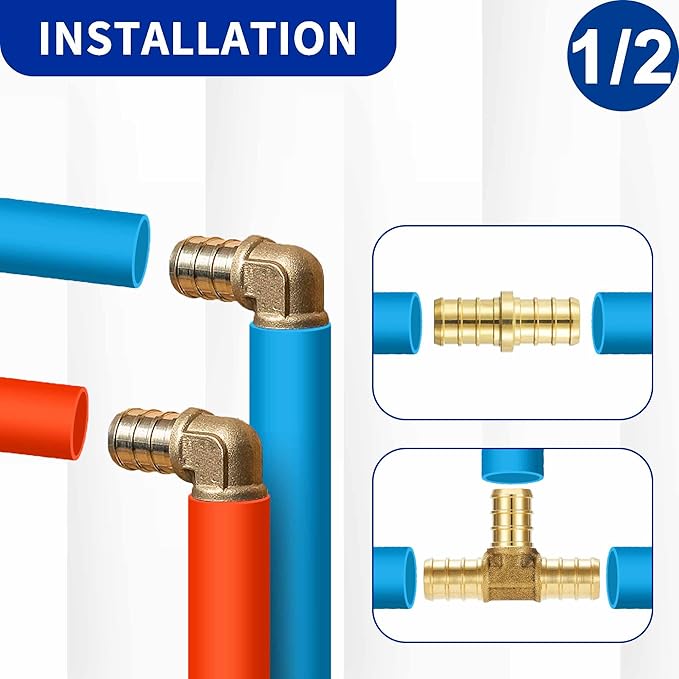 (60 Pack) Lidertik Pex Fittings 1/2 Inch Assortment Lot Kit Brass Crimp Connector Brass AP1/2-Coupling20-Tee20- Elbow20