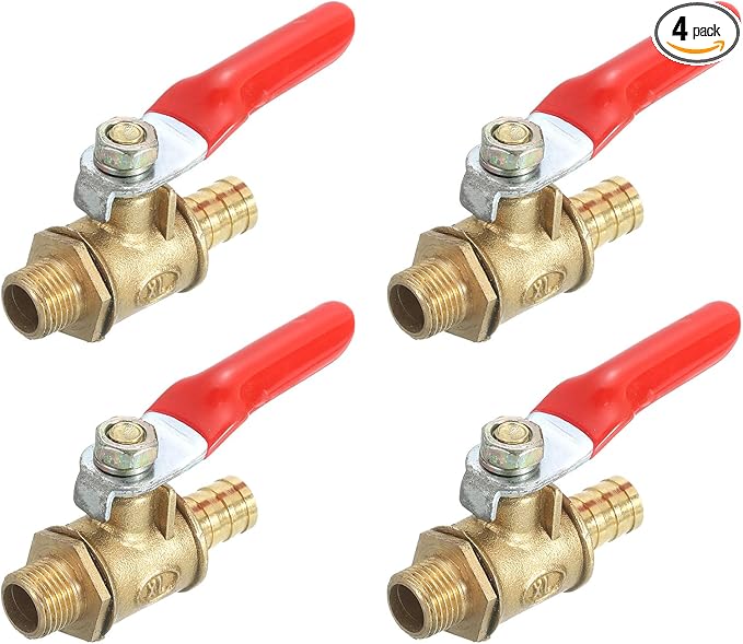 uxcell 4Pcs Brass Water Mini Ball Valve Shut Off Switch, G1/8" Male x 5/16" Hose Barb, 180 Degree Operation Handle, Brass Valve