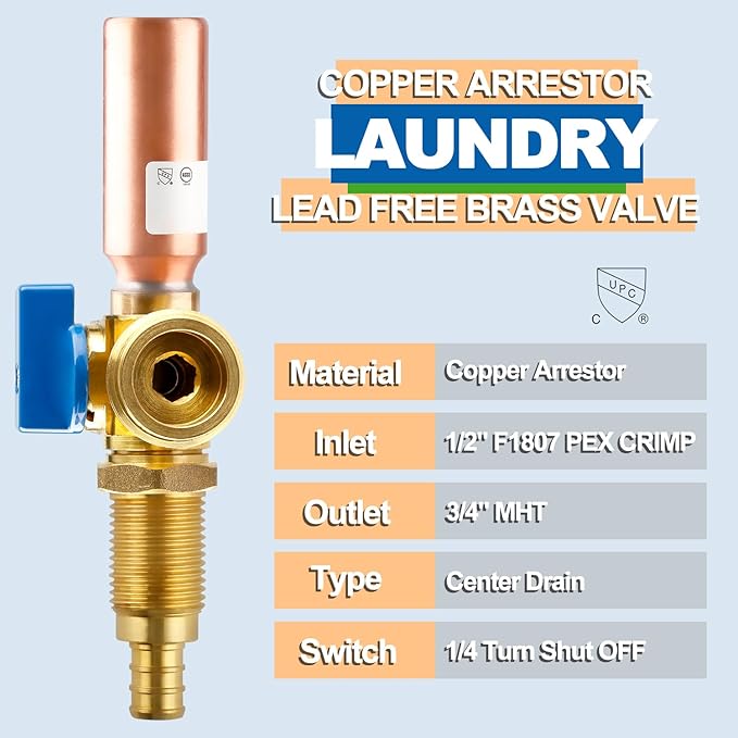 Washing Machine OutLet Box With Copper Water Hammer Arrestor, 1/2 Inch Pex Crimp Inlet x 3/4 Inch MHT Outlet, F1807 Center Drain Laudry Box