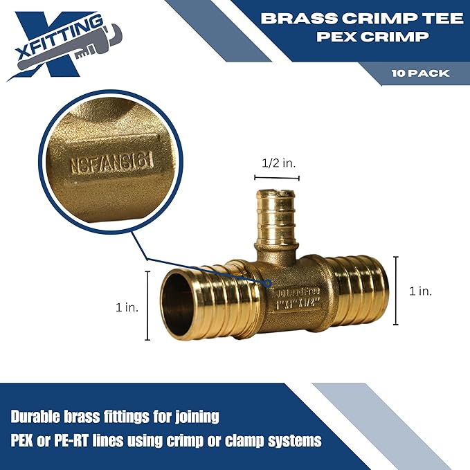 XFITTING 1 inch x 1 inch x 1/2 inch Pex Reducing Tee, Pex B Crimp Version 25-1-5=10X, 10 Pieces
