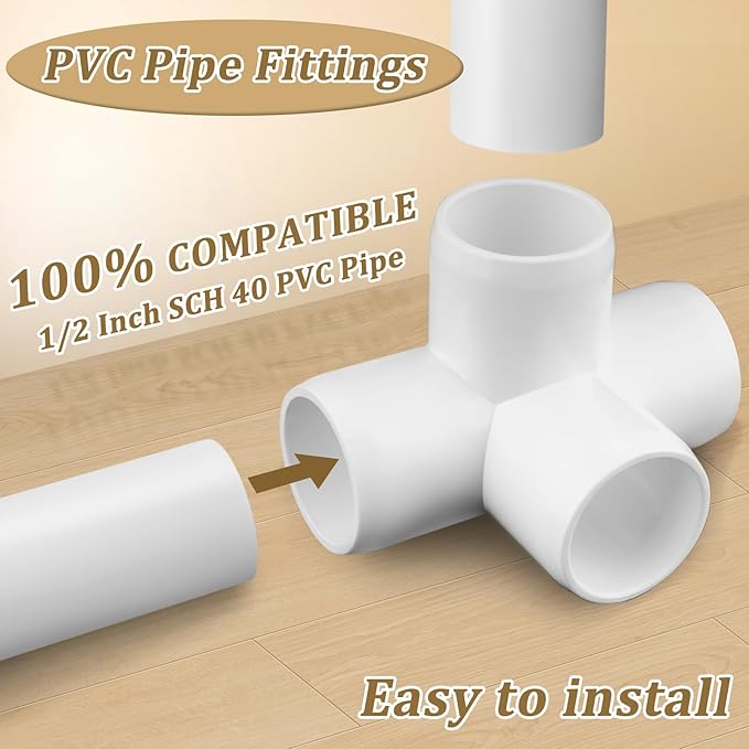 20-Pack 1/2" 4 Way PVC Fittings, Furniture Grade Pipe Fittings 4 Way for SCH40 PVC Pipe, UV Resistant, Pipe Connectors for All DIY Structure and Frames