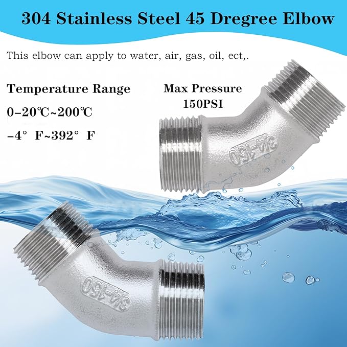 2PCS 304 Stainless Steel 45 Degree Elbow, 3/4" NPT Male Pipe to 3/4" NPT Male Coupler, Heavy Duty Forged Street Elbow Adapter Pipe Fittings, Class 150