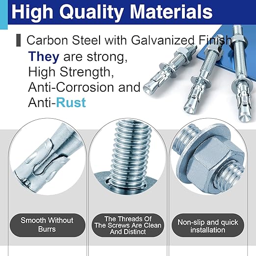 30Pcs 3/8" × 3-1/8" Concrete Anchor Bolts, Zinc Plated Carbon Steel Wedge Anchors for Cement, Brick, and Masonry