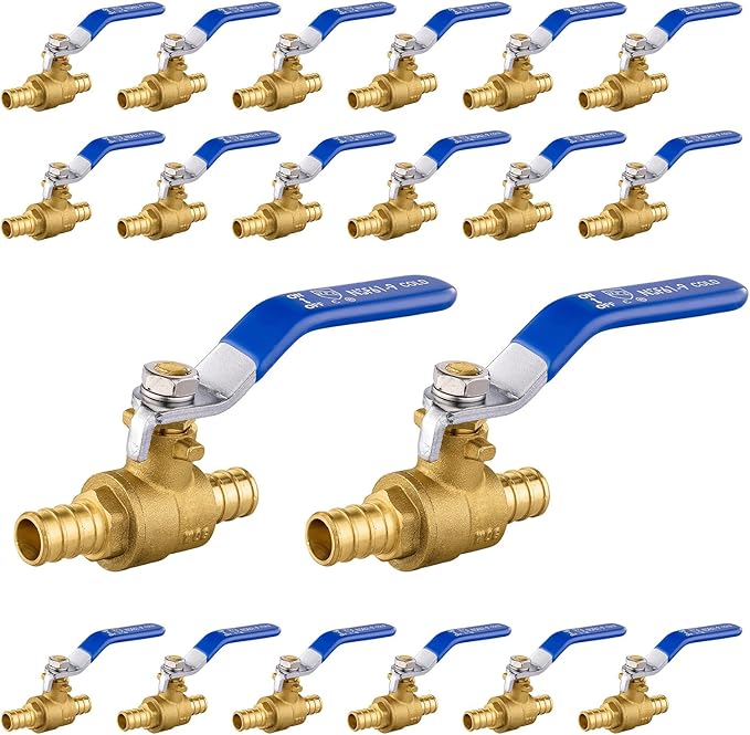 20-Pack Foskan 1/2 Inch PEX Crimp Full Port Ball Valve with Blue Handle, Brass Quarter Turn Shut-off Valve for PEX Tubing