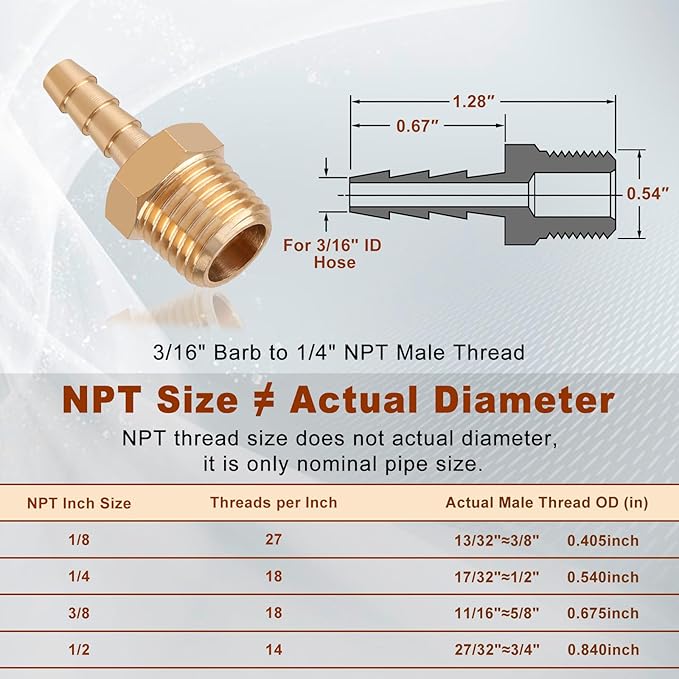 5pcs Brass Hose Barb Fittings 3/16 Inch Barb to 1/4 Inch NPT Male Thread Air Hose Fittings Adapter Connector Water Fuel Air Line Fittings 3/16” × 1/4” NPT Brass Fittings