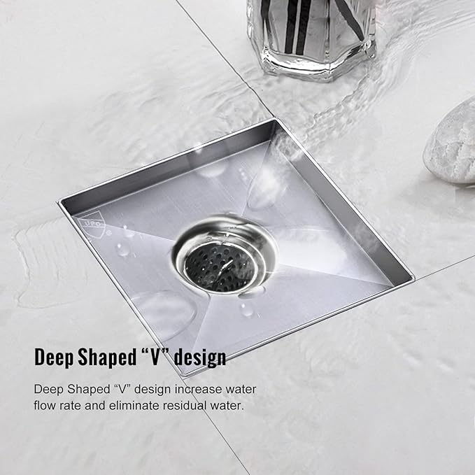 Square Shower Drain, Shower Drain 6 inch with 2 in 1 Tile-Insert Cover, Brushed AISI 304 Stainless Steel Shower Floor Drain with Hair Catcher