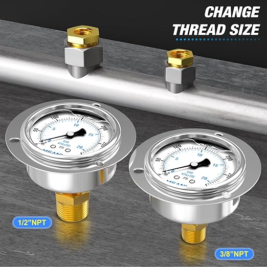 MEANLIN MEASURE 0~300Psi Liquid Filled Pressure Gauge Front Flange Panel Mount, 1/4" NPT 2.5" FACE DIAL Stainless Steel Case with Phillips Screw, Nut and Brass Hex Bushing, +/-3-2-3%