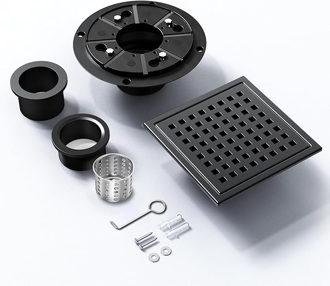 6 Inch Square Shower Floor Drain with Removable Cover Grid Grate, SUS 304 Stainless Steel, Watermark&CUPC Certified, Chrome Finishedt (Black, 6 in)