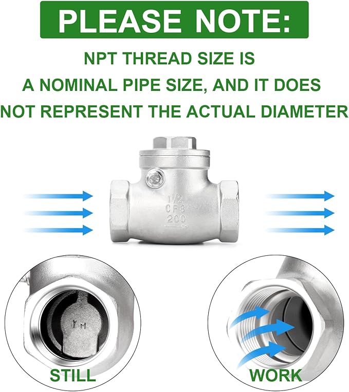 TAISHER 1PCS 304 Stainless Steel 1-1/2" NPT Female Swing Check Valve，Backflow Prevention, One Way Check Valve CF8 WOG 1000