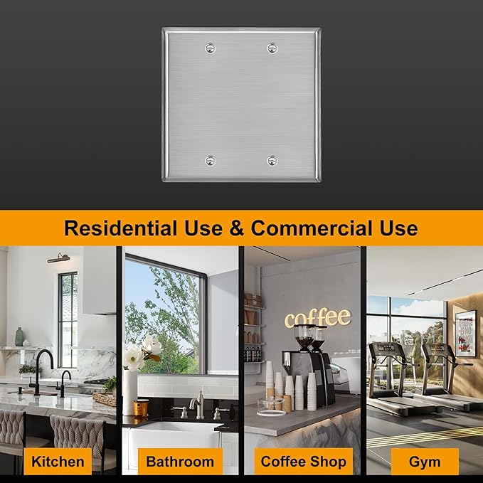 [2 Pack] BESTTEN 2-Gang Blank Metal Wall Plate with Ｗhite or Clear Plastic Film, No Device Corrosion-Resistant Stainless Steel Outlet Cover, Standard Size, H4.53” x W4.57”, Brushed Finish